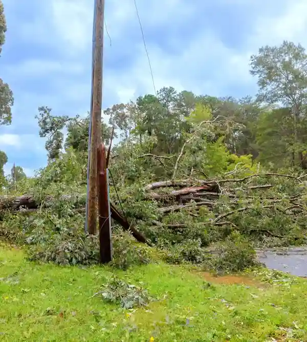 Storm-downed trees near a power pole before cleanup