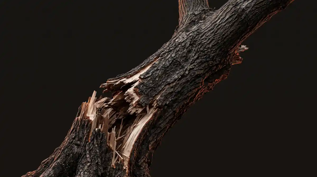 Storm-split tree trunk with splintered wood